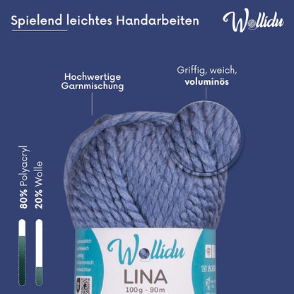 Wollidu Lina dicke Wolle zum Stricken und Häkeln 5x 100g/90m - Jeansblau