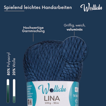 Wollidu Lina dicke Wolle zum Stricken und Häkeln 5x 100g/90m - Marineblau