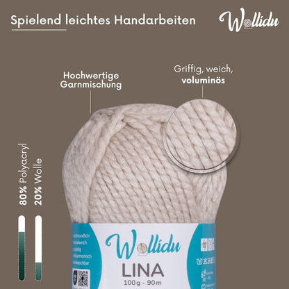Wollidu Lina dicke Wolle zum Stricken und Häkeln 5x 100g/90m - Sandfarben