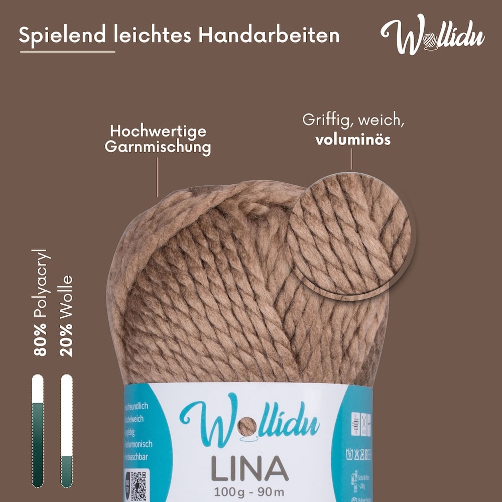 Wollidu Lina dicke Wolle zum Stricken und Häkeln 5x 100g/90m - Hellbraun