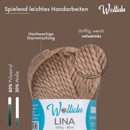 Wollidu Lina dicke Wolle zum Stricken und Häkeln 5x 100g/90m - Hellbraun