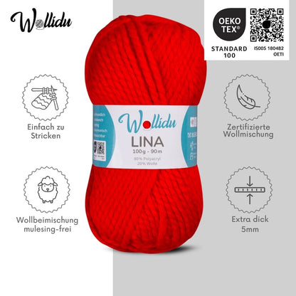 Wollidu Lina dicke Wolle zum Stricken und Häkeln 5x 100g/90m - Rot