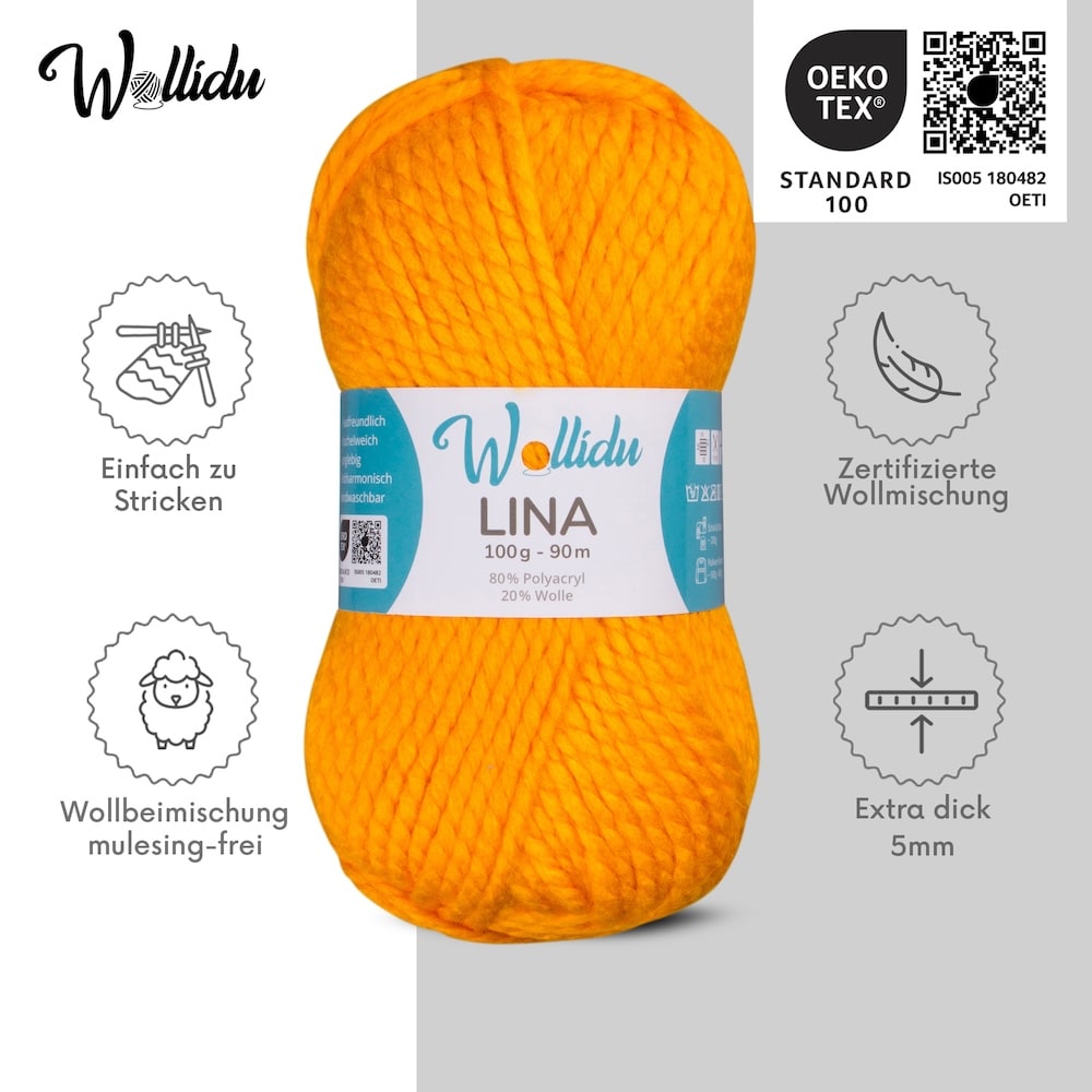 Wollidu Lina dicke Wolle zum Stricken und Häkeln 5x 100g/90m - Gelb