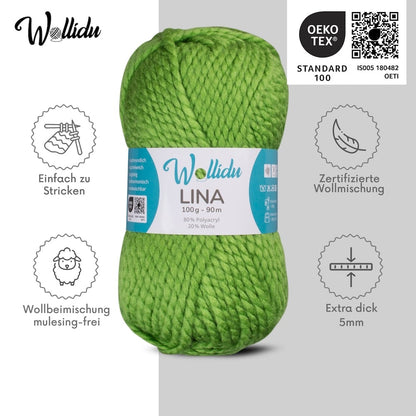 Wollidu Lina dicke Wolle zum Stricken und Häkeln 5x 100g/90m - Grün