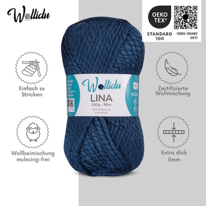 Wollidu Lina dicke Wolle zum Stricken und Häkeln 5x 100g/90m - Marineblau