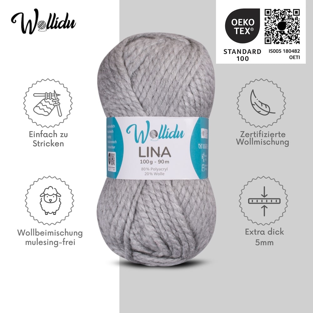 Wollidu Lina dicke Wolle zum Stricken und Häkeln 5x 100g/90m - Grau