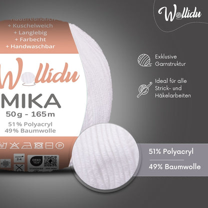 Wollidu Mika Baumwolle zum Häkeln und Stricken Mischung 51% Polyacryl 49% Baumwolle Häkelgarn Strickgarn 10x 50g/165m - Weiß