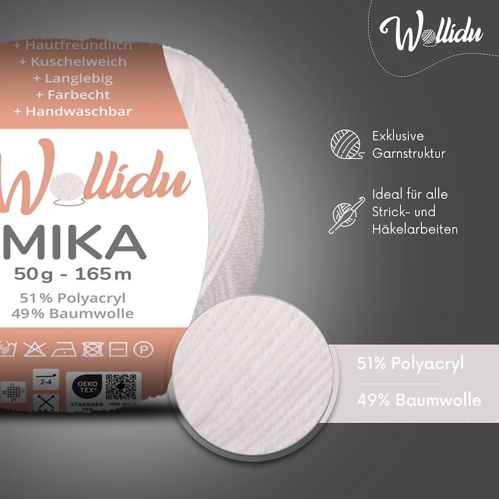 Wollidu Mika Baumwolle zum Häkeln und Stricken Mischung 51% Polyacryl 49% Baumwolle Häkelgarn Strickgarn 10x 50g/165m - Naturweiß
