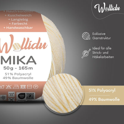 Wollidu Mika Baumwolle zum Häkeln und Stricken Mischung 51% Polyacryl 49% Baumwolle Häkelgarn Strickgarn 10x 50g/165m - Creme