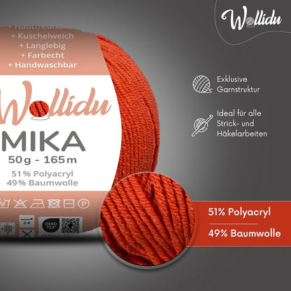 Wollidu Mika Baumwolle zum Häkeln und Stricken Mischung 51% Polyacryl 49% Baumwolle Häkelgarn Strickgarn 10x 50g/165m - Herbstrot