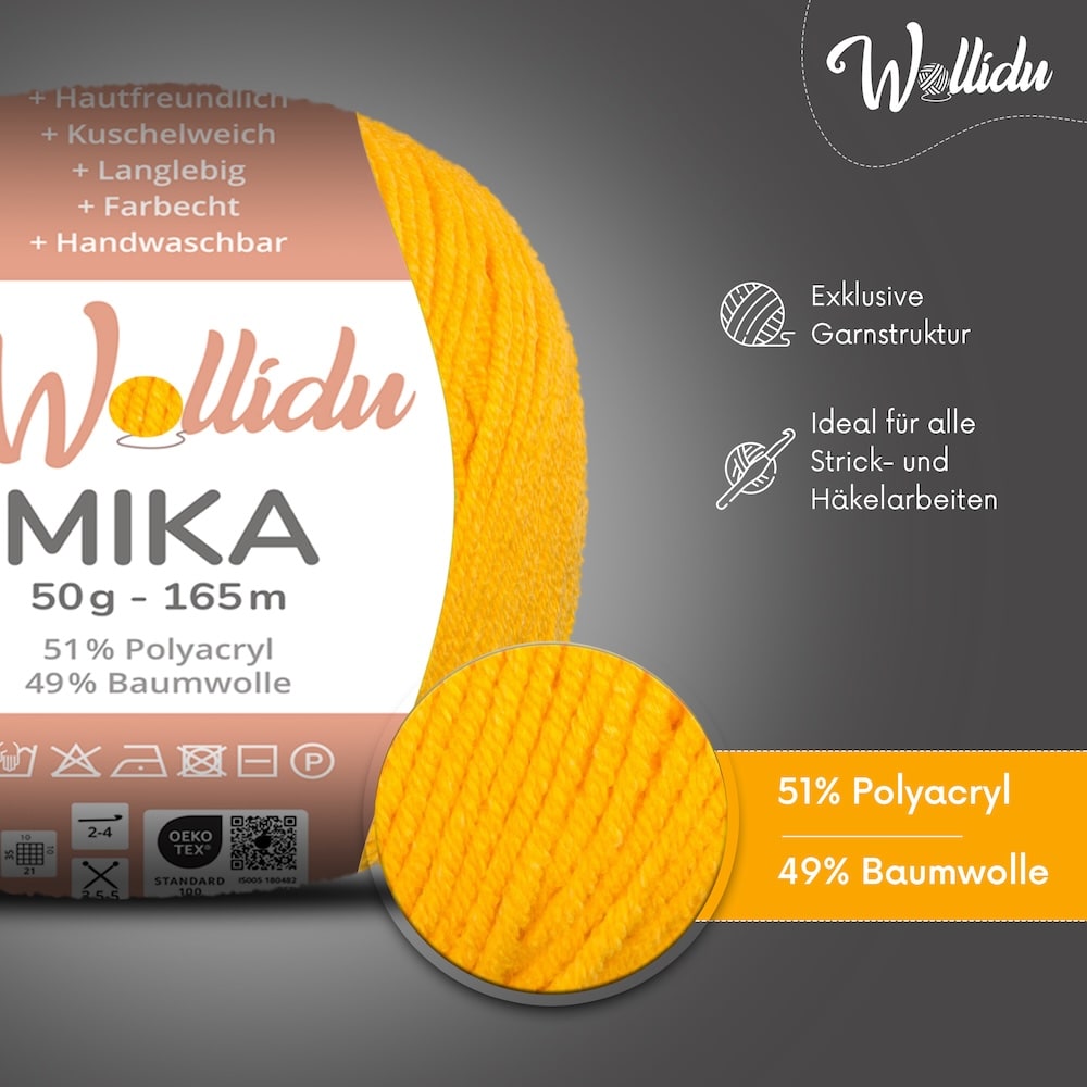 Wollidu Mika Baumwolle zum Häkeln und Stricken Mischung 51% Polyacryl 49% Baumwolle Häkelgarn Strickgarn 10x 50g/165m - Gelb