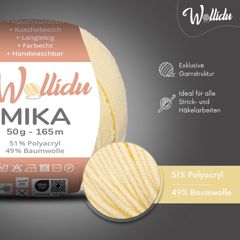 Wollidu Mika Baumwolle zum Häkeln und Stricken Mischung 51% Polyacryl 49% Baumwolle Häkelgarn Strickgarn 10x 50g/165m - Zitrone