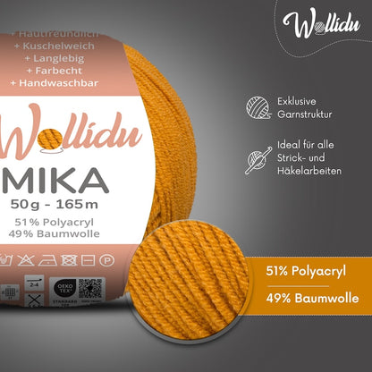 Wollidu Mika Baumwolle zum Häkeln und Stricken Mischung 51% Polyacryl 49% Baumwolle Häkelgarn Strickgarn 10x 50g/165m - Senf