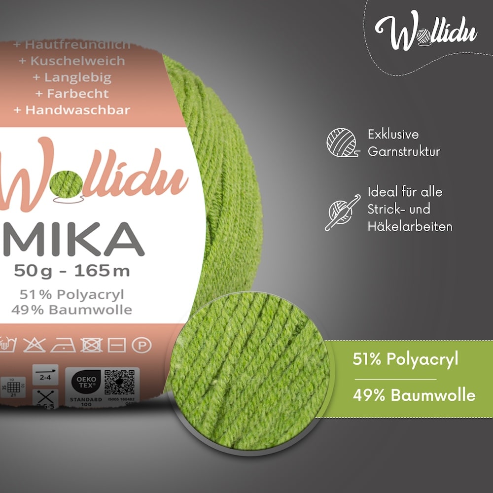 Wollidu Mika Baumwolle zum Häkeln und Stricken Mischung 51% Polyacryl 49% Baumwolle Häkelgarn Strickgarn 10x 50g/165m - Grün