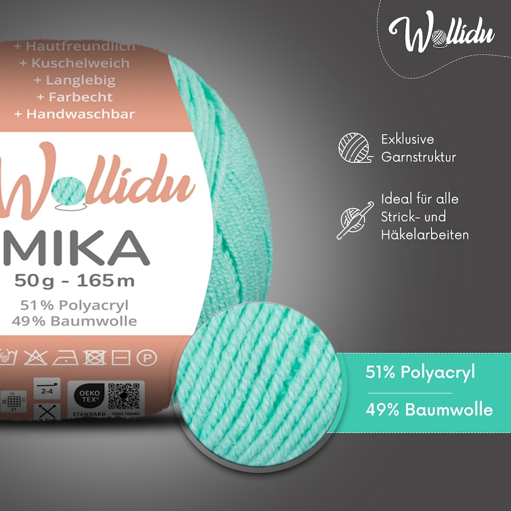 Wollidu Mika Baumwolle zum Häkeln und Stricken Mischung 51% Polyacryl 49% Baumwolle Häkelgarn Strickgarn 10x 50g/165m - Aquagrün