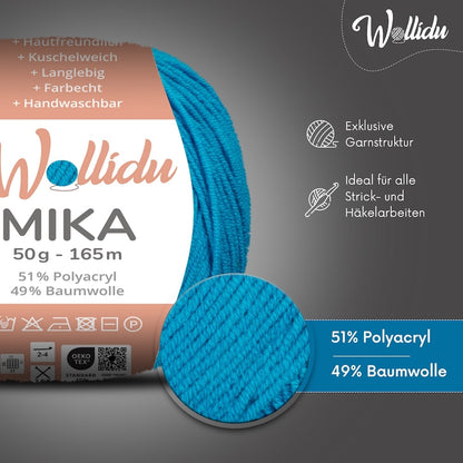 Wollidu Mika Baumwolle zum Häkeln und Stricken Mischung 51% Polyacryl 49% Baumwolle Häkelgarn Strickgarn 10x 50g/165m - Ozeanblau
