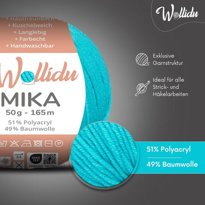 Wollidu Mika Baumwolle zum Häkeln und Stricken Mischung 51% Polyacryl 49% Baumwolle Häkelgarn Strickgarn 10x 50g/165m - Türkis