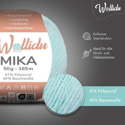 Wollidu Mika Baumwolle zum Häkeln und Stricken Mischung 51% Polyacryl 49% Baumwolle Häkelgarn Strickgarn 10x 50g/165m - Minzgrün