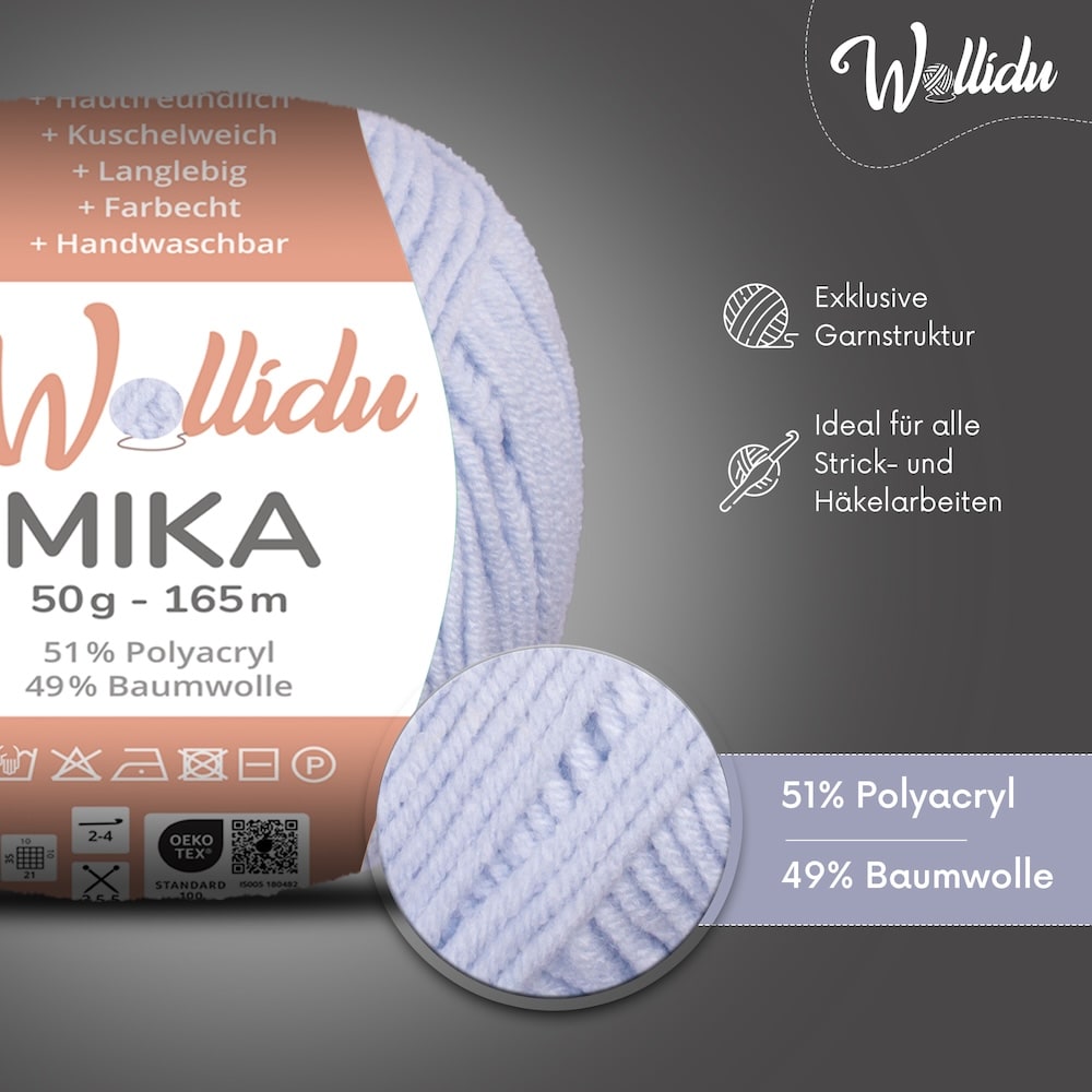 Wollidu Mika Baumwolle zum Häkeln und Stricken Mischung 51% Polyacryl 49% Baumwolle Häkelgarn Strickgarn 10x 50g/165m - Himmelblau