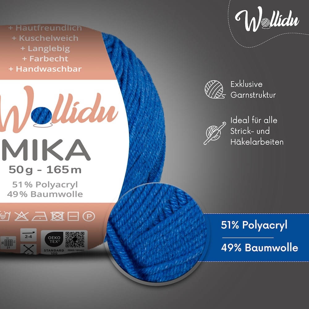 Wollidu Mika Baumwolle zum Häkeln und Stricken Mischung 51% Polyacryl 49% Baumwolle Häkelgarn Strickgarn 10x 50g/165m - Saphirblau