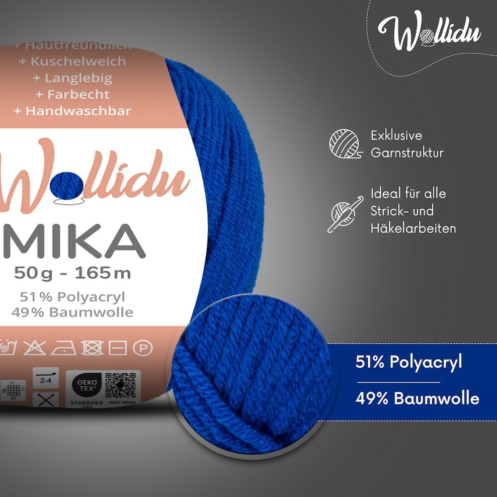 Wollidu Mika Baumwolle zum Häkeln und Stricken Mischung 51% Polyacryl 49% Baumwolle Häkelgarn Strickgarn 10x 50g/165m - Blau