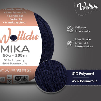 Wollidu Mika Baumwolle zum Häkeln und Stricken Mischung 51% Polyacryl 49% Baumwolle Häkelgarn Strickgarn 10x 50g/165m - Nachtblau