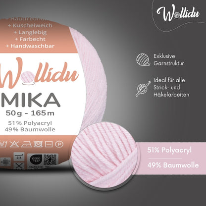 Wollidu Mika Baumwolle zum Häkeln und Stricken Mischung 51% Polyacryl 49% Baumwolle Häkelgarn Strickgarn 10x 50g/165m - Zartrosa