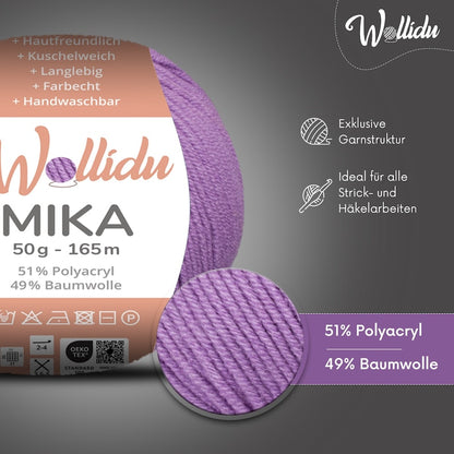 Wollidu Mika Baumwolle zum Häkeln und Stricken Mischung 51% Polyacryl 49% Baumwolle Häkelgarn Strickgarn 10x 50g/165m - Flieder