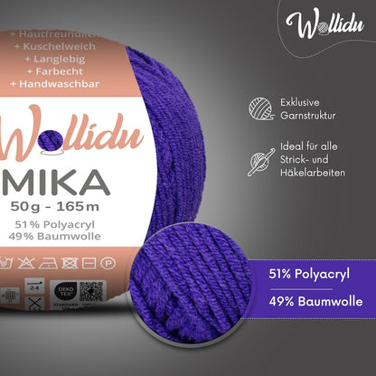 Wollidu Mika Baumwolle zum Häkeln und Stricken Mischung 51% Polyacryl 49% Baumwolle Häkelgarn Strickgarn 10x 50g/165m - Violett