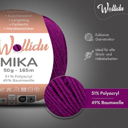 Wollidu Mika Baumwolle zum Häkeln und Stricken Mischung 51% Polyacryl 49% Baumwolle Häkelgarn Strickgarn 10x 50g/165m - Pflaume