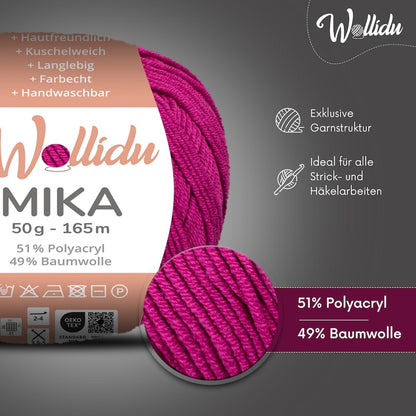 Wollidu Mika Baumwolle zum Häkeln und Stricken Mischung 51% Polyacryl 49% Baumwolle Häkelgarn Strickgarn 10x 50g/165m - Fuchsia Hell