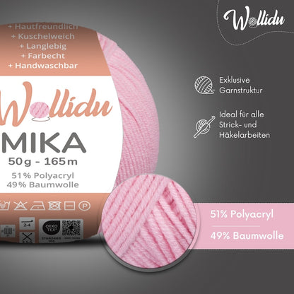 Wollidu Mika Baumwolle zum Häkeln und Stricken Mischung 51% Polyacryl 49% Baumwolle Häkelgarn Strickgarn 10x 50g/165m - Babyrosa