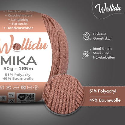 Wollidu Mika Baumwolle zum Häkeln und Stricken Mischung 51% Polyacryl 49% Baumwolle Häkelgarn Strickgarn 10x 50g/165m - Rotbraun