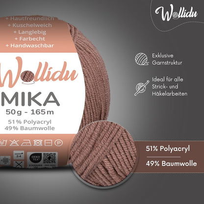 Wollidu Mika Baumwolle zum Häkeln und Stricken Mischung 51% Polyacryl 49% Baumwolle Häkelgarn Strickgarn 10x 50g/165m - Hellbraun