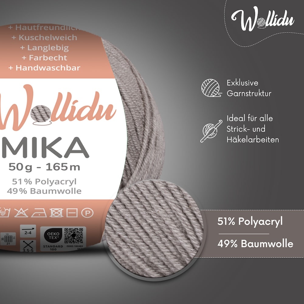 Wollidu Mika Baumwolle zum Häkeln und Stricken Mischung 51% Polyacryl 49% Baumwolle Häkelgarn Strickgarn 10x 50g/165m - Grau