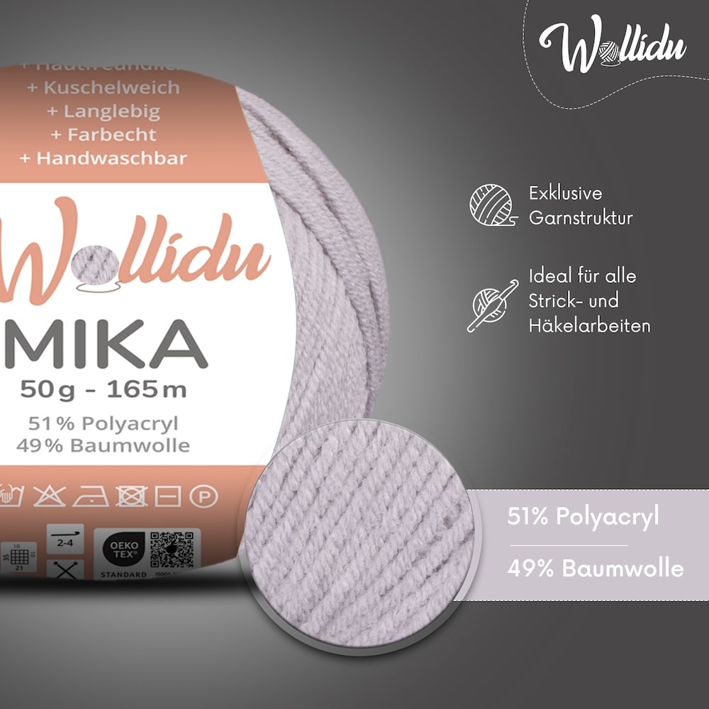 Wollidu Mika Baumwolle zum Häkeln und Stricken Mischung 51% Polyacryl 49% Baumwolle Häkelgarn Strickgarn 10x 50g/165m - Hellgrau