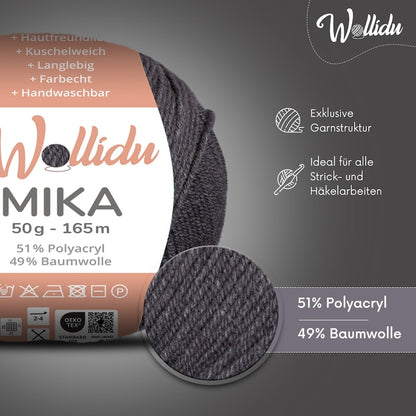 Wollidu Mika Baumwolle zum Häkeln und Stricken Mischung 51% Polyacryl 49% Baumwolle Häkelgarn Strickgarn 10x 50g/165m - Anthrazit