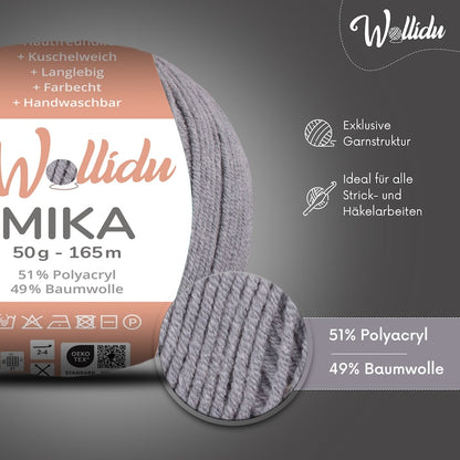 Wollidu Mika Baumwolle zum Häkeln und Stricken Mischung 51% Polyacryl 49% Baumwolle Häkelgarn Strickgarn 10x 50g/165m - Steingrau