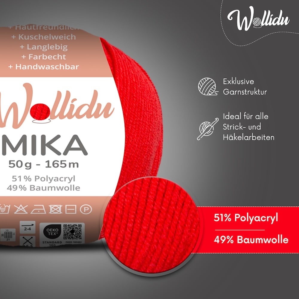 Wollidu Mika Baumwolle zum Häkeln und Stricken Mischung 51% Polyacryl 49% Baumwolle Häkelgarn Strickgarn 10x 50g/165m - Rot
