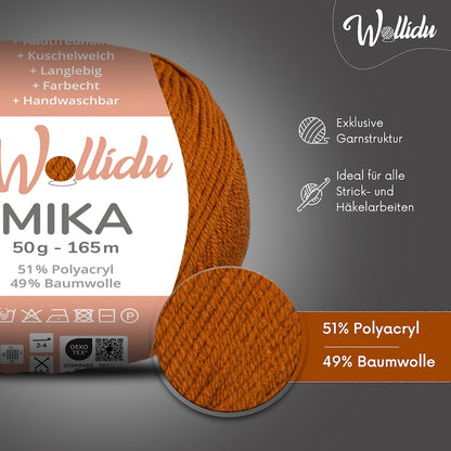 Wollidu Mika Baumwolle zum Häkeln und Stricken Mischung 51% Polyacryl 49% Baumwolle Häkelgarn Strickgarn 10x 50g/165m - Ziegelrot