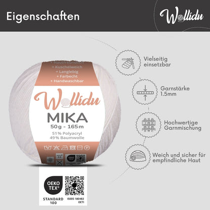 Wollidu Mika Baumwolle zum Häkeln und Stricken Mischung 51% Polyacryl 49% Baumwolle Häkelgarn Strickgarn 10x 50g/165m - Naturweiß