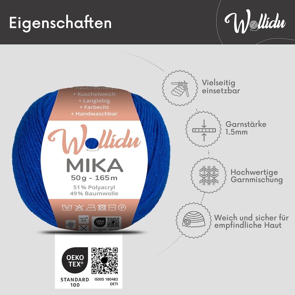 Wollidu Mika Baumwolle zum Häkeln und Stricken Mischung 51% Polyacryl 49% Baumwolle Häkelgarn Strickgarn 10x 50g/165m - Blau