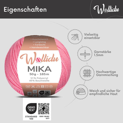 Wollidu Mika Baumwolle zum Häkeln und Stricken Mischung 51% Polyacryl 49% Baumwolle Häkelgarn Strickgarn 10x 50g/165m - Rosa