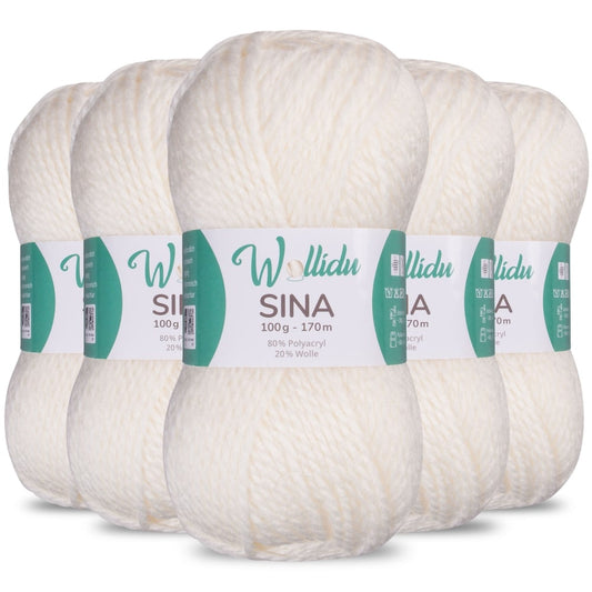 Wollidu Sina Strickwolle Häkelwolle 80% Polyacryl 20% Wolle 5x 100g/170m - Naturweiß