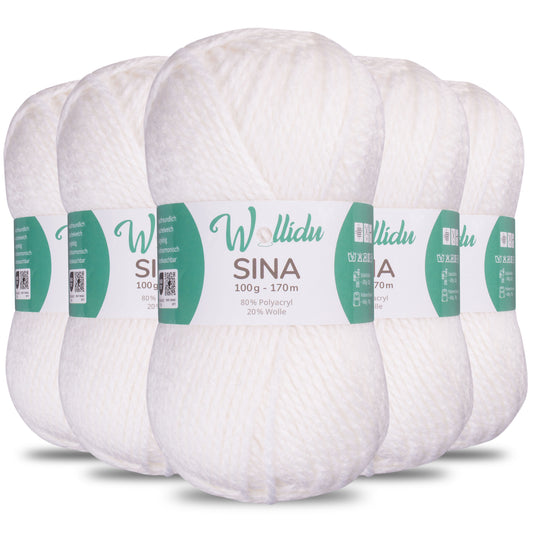 Sina 5er-Pack 100g – Premium Strick- & Häkelwolle aus Acryl & Schafwolle (OEKO-TEX®, mulesingfrei, 500g Gesamt)