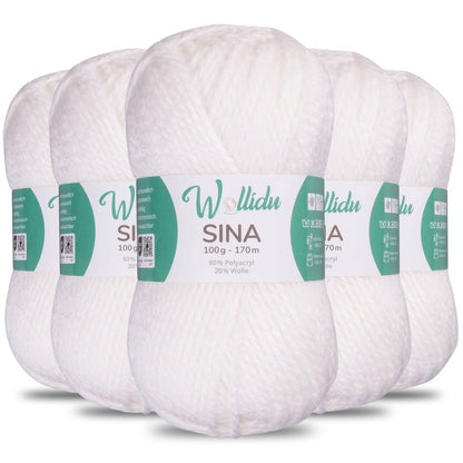 Wollidu Sina Strickwolle Häkelwolle 80% Polyacryl 20% Wolle 5x 100g/170m - Weiß