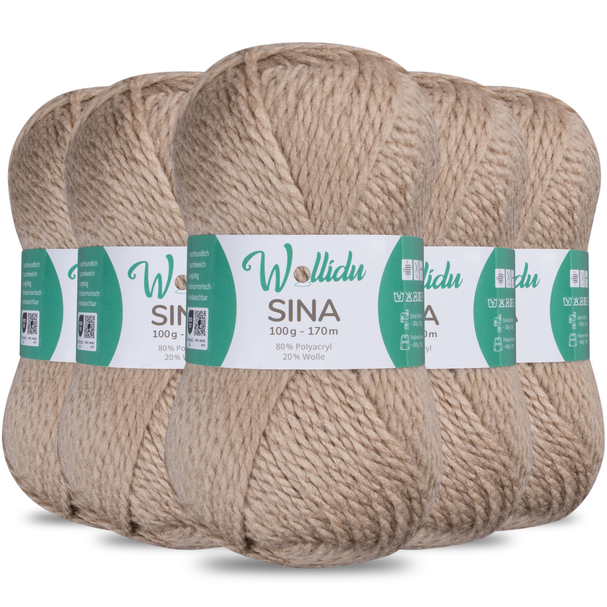 Sina 5er-Pack 100g – Premium Strick- & Häkelwolle aus Acryl & Schafwolle (OEKO-TEX®, mulesingfrei, 500g Gesamt)