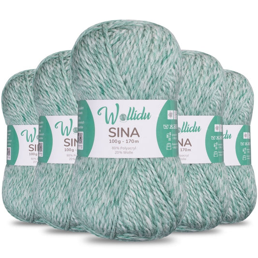 Wollidu Sina Strickwolle Häkelwolle 80% Polyacryl 20% Wolle 5x 100g/170m - Minze Grün Melange