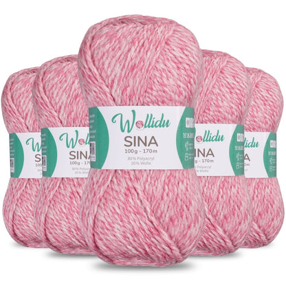 Wollidu Sina Strickwolle Häkelwolle 80% Polyacryl 20% Wolle 5x 100g/170m - Pastellrosa Melange