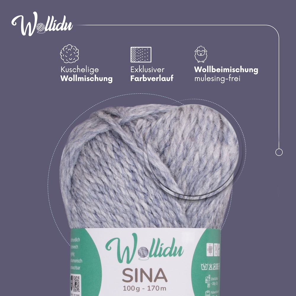 Wollidu Sina Strickwolle Häkelwolle 80% Polyacryl 20% Wolle 5x 100g/170m - Jeans Blau Melange